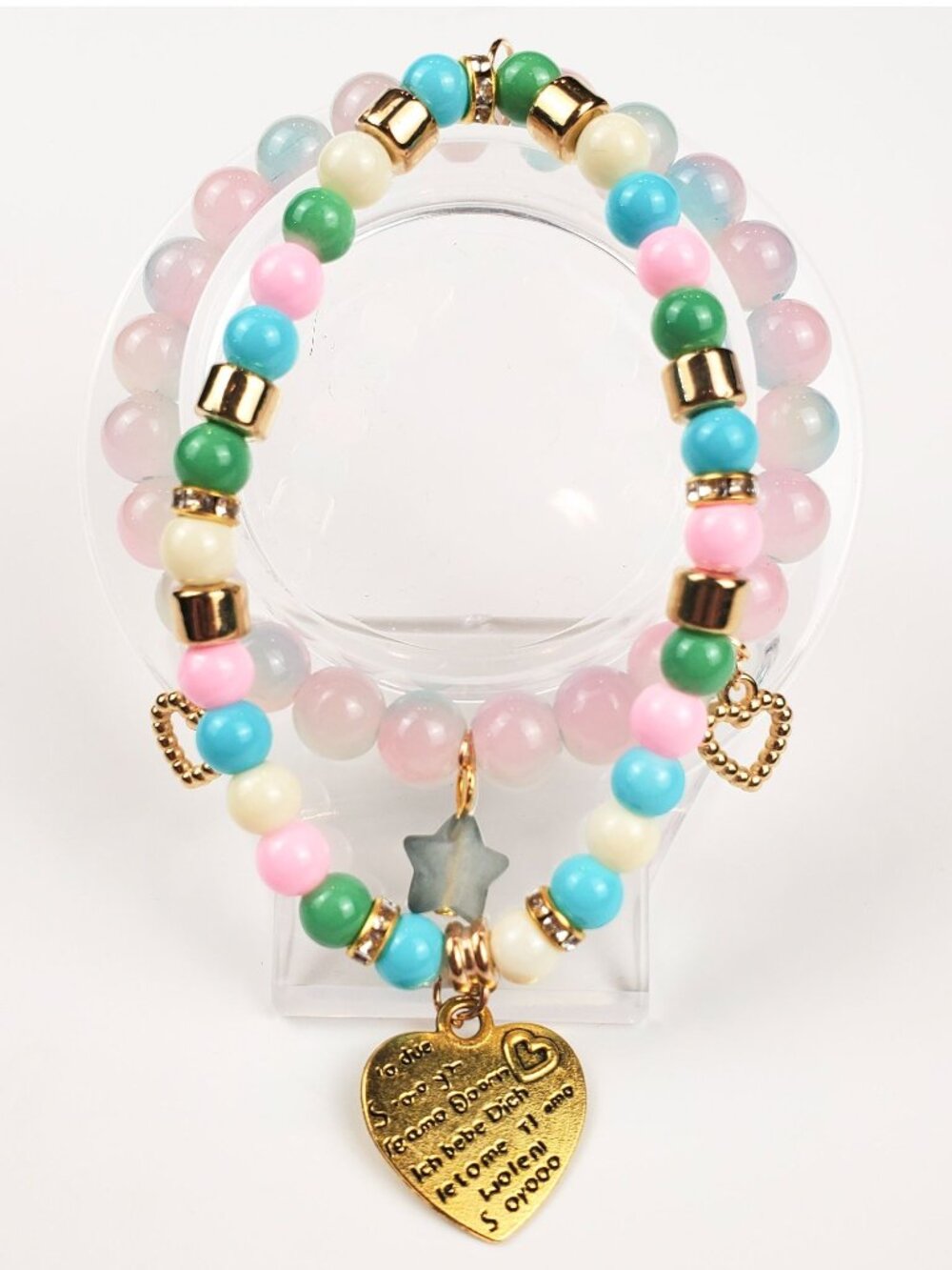 Pastel Beaded Bracelet Set With Gold Tone Heart Charms And Star Accents